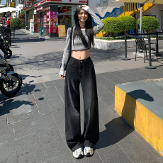 批发美式复古阔腿<b class='q'>牛仔裤</b>女秋季新款高腰宽松遮肉显瘦直筒垂感拖地裤子