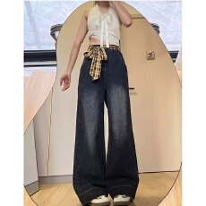 批发黑蓝色阔腿<b class='q'>牛仔裤</b>设计复古格子春秋季蝴蝶结拼接直筒宽松拖地长裤