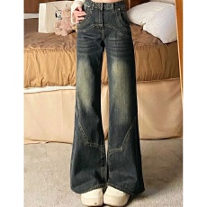 批发美式复古微喇叭<b class='q'>牛仔裤</b>女春季辣妹高街设计感高腰显瘦宽松阔腿裤子