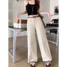 批发韩系辣妹杏色高腰阔腿<b class='q'>牛仔裤</b>女小个子宽松显瘦直筒裤休闲拖地长裤