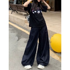 批发美式复古深蓝色牛仔裤女夏季高腰垂感宽松阔腿裤高个子加长拖地裤