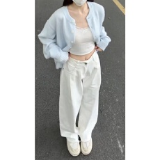 春秋季白色牛仔裤女设计感小众宽松韩版美式高腰垂感阔腿拖地裤子