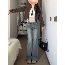 批发毛边微喇<b class='q'>牛仔裤</b>女口袋设计拼接美式喇叭裤子高腰修身马蹄百搭<b class='q'>弹力</b>