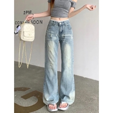 2026春秋新款蕾丝花边拼接微喇牛仔裤女美式高街修身显瘦拖地裤