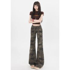 批发美式复古迷彩微喇工装裤女春<b class='q'>秋</b>新款潮牌亚比风低腰显瘦辣妹马蹄裤