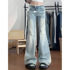 批发<b class='q'>韩版</b>ins复古牛仔<b class='q'>裤</b>女夏季新款设计感蕾丝边宽松显瘦阔腿拖地长<b class='q'>裤</b>