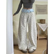 批发美式复古拼接豹纹阔腿牛仔裤2026新款辣妹设计裙摆直筒<b class='q'>拖地</b>长裤女