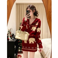 批发【绵羊绒】红色<b class='q'>针织衫</b>毛衣套装女圣诞新年上衣半身裙<b class='q'>两件套</b>秋冬