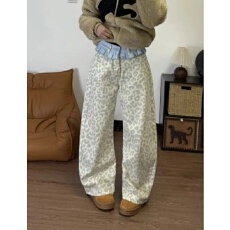 批发美式复古水洗豹纹裙摆拼接<b class='q'>牛仔裤</b>女设计感小众<b class='q'>直筒</b>宽松阔腿拖地裤