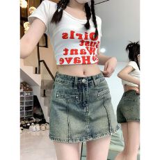 批发做旧阔腿牛仔短裤女夏季新款胖mm半身短裙大码辣妹高腰a字裙裤子