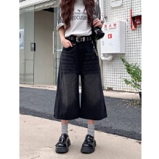 批发高腰阔腿七分牛仔<b class='q'>短裤</b>女夏季新款黑色水洗宽松<b class='q'>休闲</b>显瘦直筒中裤潮