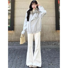 批发美式百搭白色微喇<b class='q'>牛仔裤</b>女春季新款高腰显瘦修身<b class='q'>弹力</b>马蹄喇叭裤子