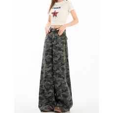 批发美式高街<b class='q'>迷彩</b>阔腿工装<b class='q'>裤</b>女2026春季宽松直筒显瘦百搭拖地牛仔长<b class='q'>裤</b>