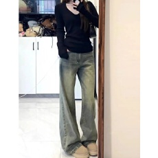 批发美式复古牛仔裤女春夏2026新款遮肉高腰直筒怀旧阔腿长裤拖地<b class='q'>裤子</b>