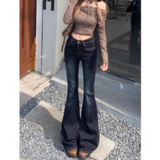 批发复古深蓝<b class='q'>微喇</b><b class='q'>牛仔裤</b>女春秋季小个子巨好看宽松不贴腿拖地喇叭长裤