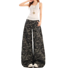 批发小个子迷彩灰阔腿牛仔<b class='q'>裤</b>女春秋季新款高腰显瘦工装<b class='q'>裤</b>子宽松慵懒风