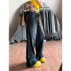 批发美式复古格子撞色拼接牛仔<b class='q'>裤</b>女夏季设计感高腰宽松直筒显瘦阔腿<b class='q'>裤</b>