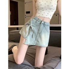 批发浅蓝色辣妹<b class='q'>高腰</b>牛仔短裤半身裙裤女夏假两件不规则洋气绑带裙裤子