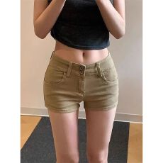 批发美式y2k辣妹牛仔<b class='q'>短裤</b><b class='q'>女</b>夏季新款多巴胺卡其色修身显瘦a字包臂热裤