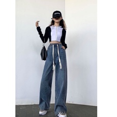 复古松紧腰抽绳牛仔裤女春夏韩版ins高腰显瘦学生直筒阔腿拖地裤