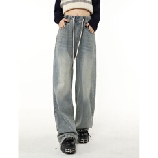 浅蓝小个子松紧腰牛仔裤女2026春秋季韩版新款高腰显瘦阔腿拖地裤