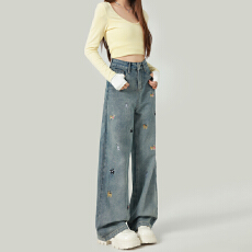批发趣味小狗刺绣小个子牛仔裤女夏新款辣妹设计感大码百搭宽松拖地裤