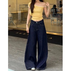 批发韩版ins复古牛仔裤女春夏季新款深蓝色穿搭宽松显瘦阔腿拖地长裤