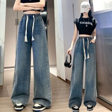 批发复古松紧腰抽绳<b class='q'>牛仔裤</b>女春夏韩版ins高腰显瘦学生直筒阔腿拖地裤