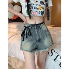 批发做旧复古毛边牛仔<b class='q'>裤</b>女辣妹薄款直筒短<b class='q'>裤</b>夏季高腰显瘦阔<b class='q'>腿</b>a字<b class='q'>裤</b>子