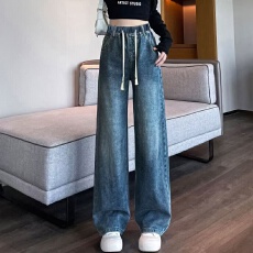 批发复古蓝松紧腰抽绳<b class='q'>牛仔裤</b>女春夏季韩版高腰显瘦学生直筒阔腿拖地裤