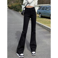批发<b class='q'>韩版</b>休闲高腰直筒黑色牛仔裤女修身显瘦小个子弹力拖地马蹄牛仔裤