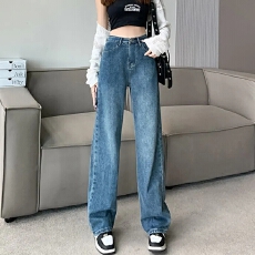 批发<b class='q'>牛仔裤</b>女高腰显瘦百搭垂感阔腿裤宽松大码学生直筒复古蓝拖地长裤