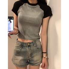 批发美式复古高街牛仔短<b class='q'>裤</b>女夏季薄款辣妹高腰修身<b class='q'>显瘦</b>做旧a字热<b class='q'>裤</b>子