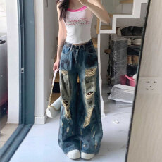 批发<b class='q'>秋</b>季设计感高腰做旧直筒显瘦阔腿长裤子脏脏破洞美式乞丐牛仔裤女