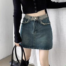 批发高街美式做旧牛仔短裙高腰显腿长显瘦<b class='q'>包臀</b>A字牛仔毛边口袋设计感