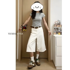 批发夏季简约直筒白色七分牛仔<b class='q'>短裤</b>女2026新款<b class='q'>高腰</b>休闲垂感阔腿中裤子