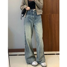批发欧美式小个子做旧直筒牛仔裤<b class='q'>女</b>复古休闲百搭阔腿梨型身材显瘦<b class='q'>长裤</b>
