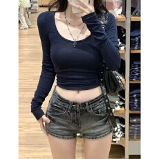 批发美式辣妹黑灰牛仔短裤女夏季低腰修身显瘦显腿长百搭包臀超短热裤