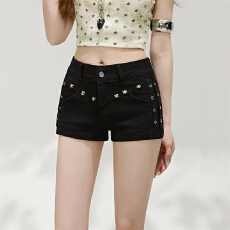 批发设计感弹力铆钉a字<b class='q'>牛仔</b><b class='q'>短裤</b><b class='q'>女</b>夏新款梨型修身低腰显瘦热裤