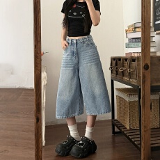 批发复古梨形身材阔腿牛仔<b class='q'>七分裤</b><b class='q'>女</b>夏季新款胖mm宽松显瘦直筒裤