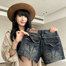 批发美式高街做旧牛仔短裤女设计感刺绣低腰修身显瘦弹力直<b class='q'>热裤</b>