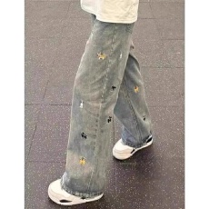 批发趣味小狗刺绣阔腿牛仔<b class='q'>裤</b>女美式复古秋季宽松显瘦直筒拖地<b class='q'>裤</b>