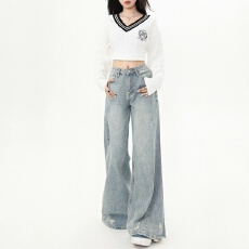 批发复古阔腿磨破牛仔裤女<b class='q'>春</b>秋新款高腰宽松遮肉显瘦百搭直筒拖地裤子