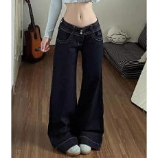 批发复古风深蓝色低腰微喇牛仔长<b class='q'>裤</b>女高个子<b class='q'>提</b><b class='q'>臀</b>显瘦修身微喇拖地长<b class='q'>裤</b>