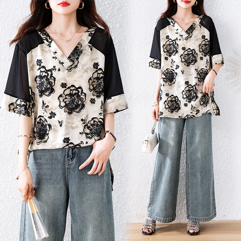 RY1626# 实拍2026夏季新款胖妹妹时尚减龄宽松遮肉显瘦拼接印花T恤上衣