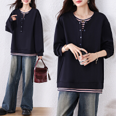 批发实拍2026春季新款休闲条纹假两件圆领卫衣胖妹妹宽松显瘦百搭上衣