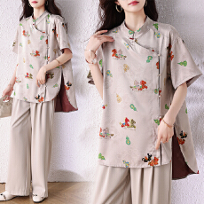 批发2026新中式国风印花短袖衬衫女夏季妈妈装中<b class='q'>长款</b>改良<b class='q'>旗袍</b>复古上衣