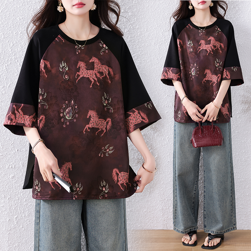 RY1615# 实拍2026夏季新款胖妹妹时尚减龄宽松遮肉显瘦拼接提花T恤上衣