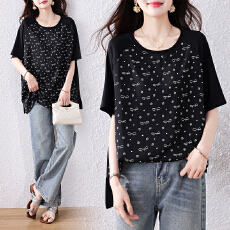 批发2026夏季新款胖妹妹<b class='q'>时尚</b>减龄宽松显瘦拼接印花T恤上衣