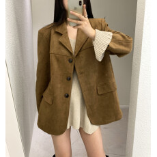 批发现货chic韩国秋<b class='q'>冬</b>美式复古咖色鹿皮绒西装外套